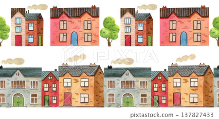 Set of seamless borders featuring cozy, colorful watercolor houses and trees. Hand drawn illustrations of buildings. 137827433