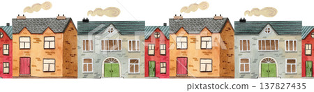 Seamless border with cozy, colorful watercolor houses and trees. Hand drawn buildings. Illustration of urban structures. 137827435