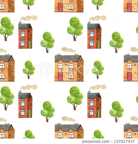 Seamless pattern with cozy, colorful watercolor houses and trees. The buildings are hand drawn. 137827437