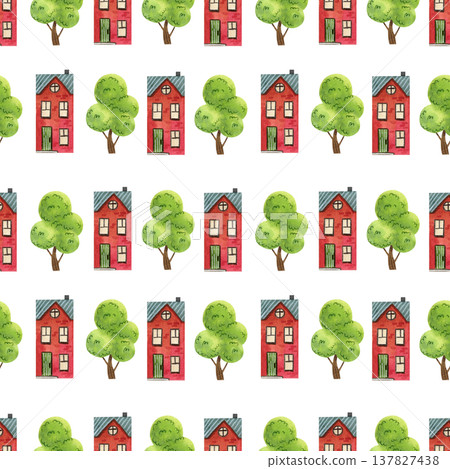 Seamless pattern with cozy watercolor houses and trees. Hand drawn drawing of the building. 137827438