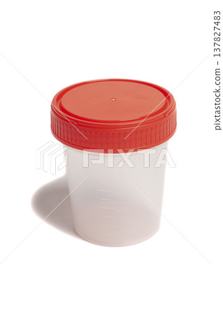 Empty plastic container for collection of analyses and biomaterials isolated on white background Empty plastic container for collection of analyses and biomaterials isolated on white background 137827483