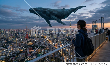 A giant whale swimming above the Tokyo nightscape, with a woman gazing at it (a fantastical scene). 137827547