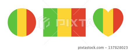 Mali heart, round, rectangular country flag icons. Set of National Mali heart shaped, circle, rectangle flags badge, sticker. Republic of Mali circular shape button, banner. Mali heart, round, rectangular country flag icons. Set of National Mali heart shaped, circle, rectangle flags badge, sticker. Republic of Mali circular shape button, banner. 137828023