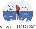 Ambitious woman with leadership potential flies up through night sky, using jetpack 137828025