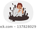 Upset woman cries and wipes tears with hand, being in viscous liquid symbolizing problems 137828029