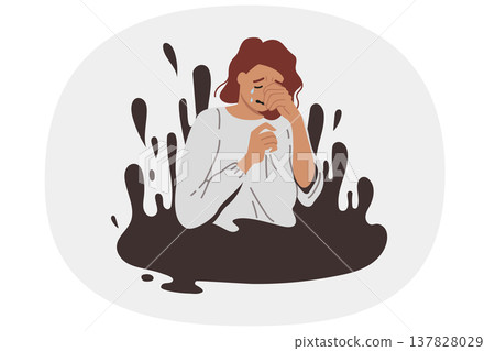 Upset woman cries and wipes tears with hand, being in viscous liquid symbolizing problems Upset woman cries and wipes tears with hand, being in viscous liquid symbolizing problems 137828029