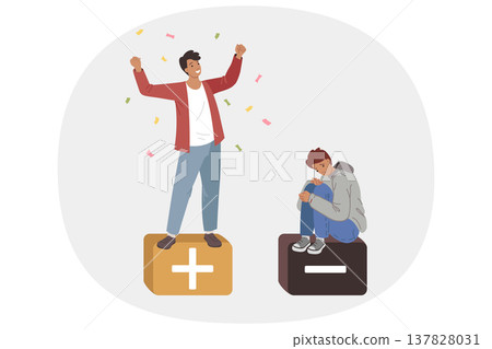 Man achieves success through positive thinking and optimism, standing next to sad loser Man achieves success through positive thinking and optimism, standing next to sad loser 137828031
