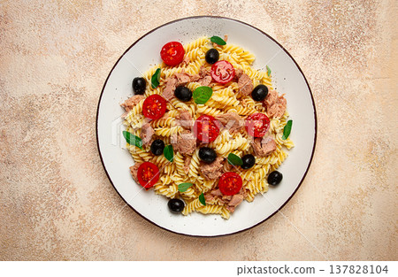 Tuna salad, fusilli pasta, olives and cherry, olive oil, homemade, 137828104
