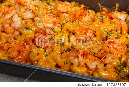 pasta with shrimp and cheese, with a golden crust, cooked in a baking dish, homemade, no people, pasta with shrimp and cheese, with a golden crust, cooked in a baking dish, homemade, no people, 137828107