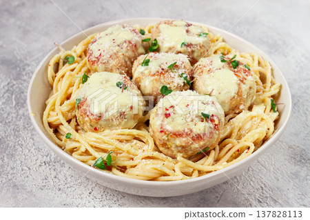 spaghetti with chicken meatballs, with cream sauce, and parmesan cheese, and decorated with microgreens, homemade, no people, spaghetti with chicken meatballs, with cream sauce, and parmesan cheese, and decorated with microgreens, homemade, no people, 137828113