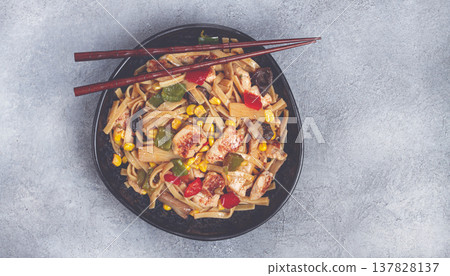 fried noodles with chicken meat and vegetables, Bami Goreng, Indonesian dish, no people, 137828137