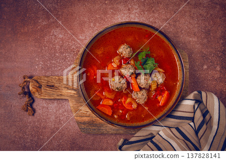 Romanian soup with meatballs, vegetable soup with meatballs, homemade, no people, 137828141