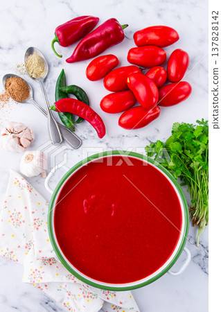 Georgian Satsebeli sauce, made from tomatoes and sweet peppers, with spices, homemade, no people, 137828142