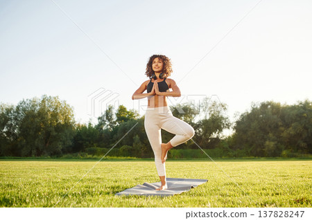 Classic tree yoga exercise for balance. Young fitness woman is on the field outdoors Classic tree yoga exercise for balance. Young fitness woman is on the field outdoors 137828247