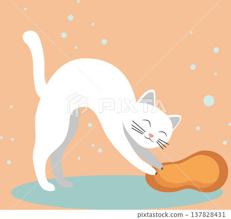 Adorable white cat sharpening claws on a home scratching post. PNG 137828431