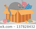 Domestic kitten resting in a box filled with bright  yarn. PNG 137828432