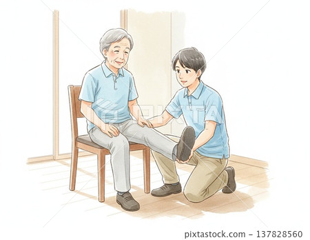 一幅水彩風格的插圖，描繪了一位老人在物理治療師的指導下坐在椅子上做腿部運動。 137828560