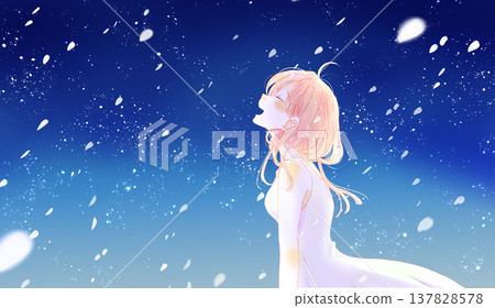 A smiling woman in a dress; summer, night; falling cherry blossoms; horizontal format. 137828578