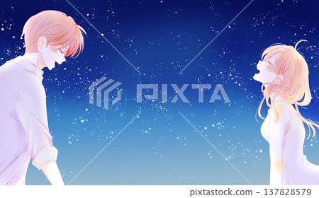 A man and woman facing each other, looking happy; night sky; backlighting; copy space A man and woman facing each other, looking happy; night sky; backlighting; copy space 137828579