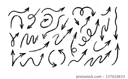 Crayon brush arrow signs. Doodle chalk direction line. Hand drawn grunge arrows with pencil texture. Sketch crayon drawing design elements set. Vector illustration isolated on white background Crayon brush arrow signs. Doodle chalk direction line. Hand drawn grunge arrows with pencil texture. Sketch crayon drawing design elements set. Vector illustration isolated on white background 137828633
