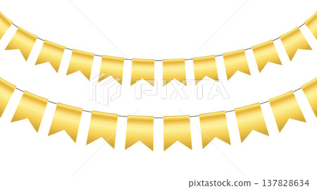 Golden flag party bunting border. Gold festive flag garland. Birthday party bunting. Yellow ribbon chain. Carnival banner. Design element. Vector illustration isolated on white background 137828634