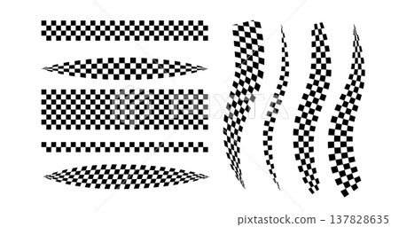 Race flag lines. Black and white checker finish ribbon. Car race grid pattern. Rally border texture. Wavy checker lines. Chess graphic design element. Vector illustration isolated on white background Race flag lines. Black and white checker finish ribbon. Car race grid pattern. Rally border texture. Wavy checker lines. Chess graphic design element. Vector illustration isolated on white background 137828635