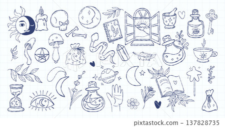 Outline Mystical Witch Accessories Hand Drawn. Isolated Magic textured doodles on Checkered Paper background. Vector Illustration for occult, fantasy and Halloween design. Not AI Outline Mystical Witch Accessories Hand Drawn. Isolated Magic textured doodles on Checkered Paper background. Vector Illustration for occult, fantasy and Halloween design. Not AI 137828735