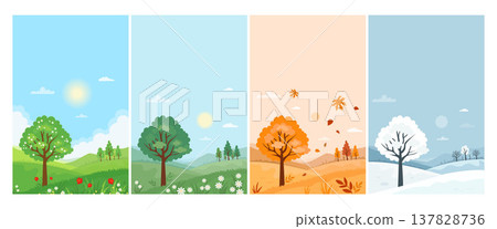Four Seasons Landscape. Spring, Summer, Autumn and Winter Nature Set. Seasonal Time Panorama . Isolated flat Vertical poster background. Vector illustration. Not AI 137828736