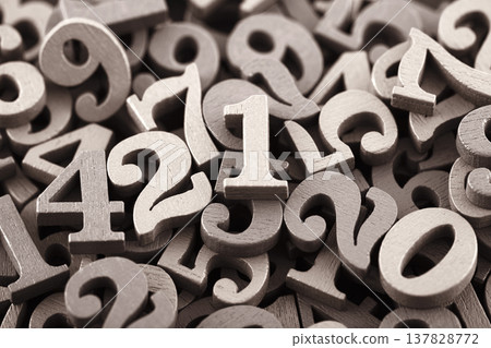 Pile of old wooden numbers in vintage style. Mathematics, education and learning concept. 137828772