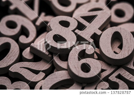Pile of old wooden numbers in vintage style. Mathematics, education and learning concept. Pile of old wooden numbers in vintage style. Mathematics, education and learning concept. 137828787