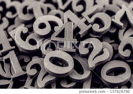 Pile of old wooden numbers in vintage style. Mathematics, education and learning concept. 137828790
