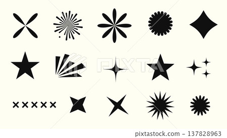 Retro futuristic sparkle icons collection. Set of star shapes.Abstract cool shine effect sign vector illustration Retro futuristic sparkle icons collection. Set of star shapes.Abstract cool shine effect sign vector illustration 137828963