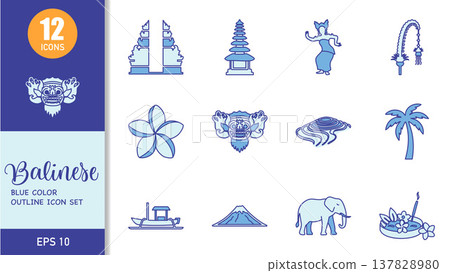 Balinese Blue Color Outline Icon Set. Vector Illustration 137828980