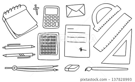 School Materials Doodle Line Hand Drawing and Office Supplies Set.Vector Illustration 137828993