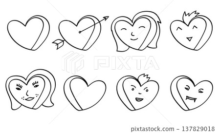 Heart Cute Doodle Line Cartoon Poses and Face Illustration Set.Vector Illustration Heart Cute Doodle Line Cartoon Poses and Face Illustration Set.Vector Illustration 137829018
