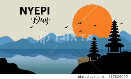 Nyepi Day Bali Holiday Greeting Banner with Pagoda and Mountain Landscape.Vector Illustration Nyepi Day Bali Holiday Greeting Banner with Pagoda and Mountain Landscape.Vector Illustration 137829035