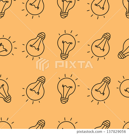 Seamless Pattern Light Bulb Doodle Line Drawing on Orange Background.Vector Illustration 137829056