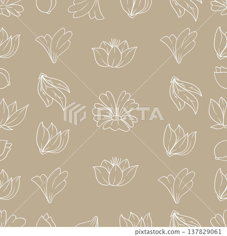 Seamless Pattern Buds and Flowers Hand Drawn Line Art on Brown Background.Vector Illustration Seamless Pattern Buds and Flowers Hand Drawn Line Art on Brown Background.Vector Illustration 137829061
