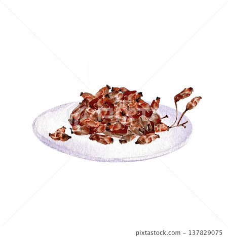 A hand-drawn watercolor hand-painted pile of dried barberries or rose hips on a plate against an isolated background. Simple botanical clip art of the autumn harvest for design and decoration. A hand-drawn watercolor hand-painted pile of dried barberries or rose hips on a plate against an isolated background. Simple botanical clip art of the autumn harvest for design and decoration. 137829075