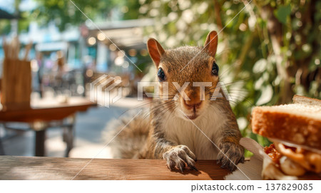 A cute squirrel reaches for a sandwich on a table at an outdoor cafe, close-up of urban wildlife 137829085