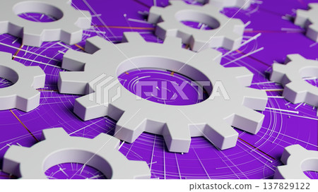 Industrial Gear System With White Cogs On Purple Technical Blueprint Background 137829122