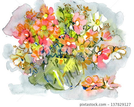 Loose watercolor bouquet of bright garden flowers in a glass vase Loose watercolor bouquet of bright garden flowers in a glass vase 137829127