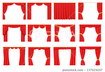 Cartoon red theater curtains. Decorative draperies, silk curtain for interior design. Luxury drapery for entrance and windows, for villa, apartment, sapid vector set Cartoon red theater curtains. Decorative draperies, silk curtain for interior design. Luxury drapery for entrance and windows, for villa, apartment, sapid vector set 137829287