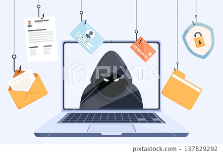 Phishing attack. Hacker on laptop screen and different digital dangers. Cyber criminal steals user login and data, email, bank account. Hacking sapid vector concept Phishing attack. Hacker on laptop screen and different digital dangers. Cyber criminal steals user login and data, email, bank account. Hacking sapid vector concept 137829292