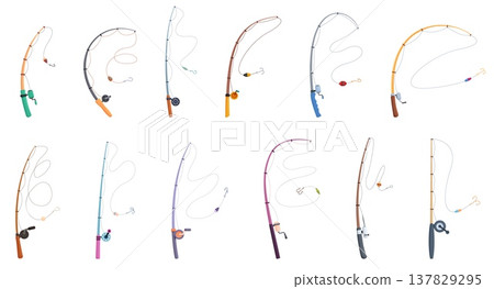 Fishing rods. Cartoon rod with hooks and bobber. Fisherman equipment, spinning, catching fish tools. Isolated accessories for hobby, sapid vector clipart 137829295