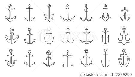 Vintage anchor. Outline nautical elements, anchors simple icons design. Sea ocean adventures symbols, ship boat equipment, neoteric vector clipart 137829299