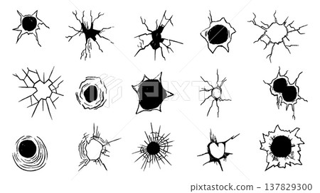 Grunge bullet holes. Cracks of destroyed in concrete, metal, glass. Military elements, gunshot wound and damages. Decorative shooting elements, neoteric vector set Grunge bullet holes. Cracks of destroyed in concrete, metal, glass. Military elements, gunshot wound and damages. Decorative shooting elements, neoteric vector set 137829300