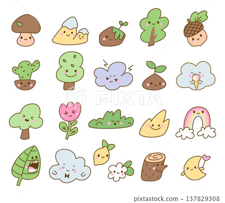 Nature kawaii elements. Funny natural characters, adorable eco stickers. Tree, flowers, rainbow, clouds, leaves, acorn and mountain, nowaday vector set Nature kawaii elements. Funny natural characters, adorable eco stickers. Tree, flowers, rainbow, clouds, leaves, acorn and mountain, nowaday vector set 137829308