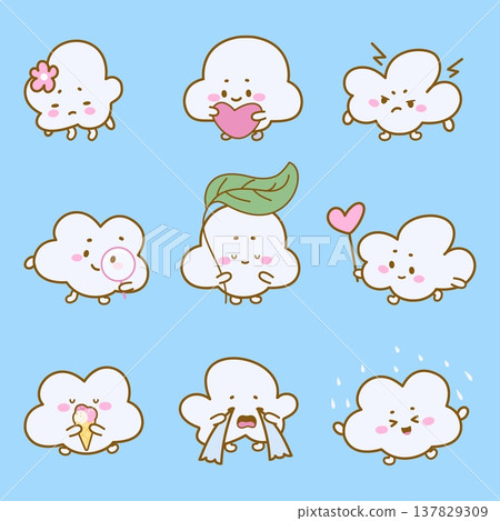 Kawaii clouds set. Tiny cloud different expressions. Cute nature weather elements cries, gets angry, is happy, is in love and holds heart, nowaday vector characters Kawaii clouds set. Tiny cloud different expressions. Cute nature weather elements cries, gets angry, is happy, is in love and holds heart, nowaday vector characters 137829309