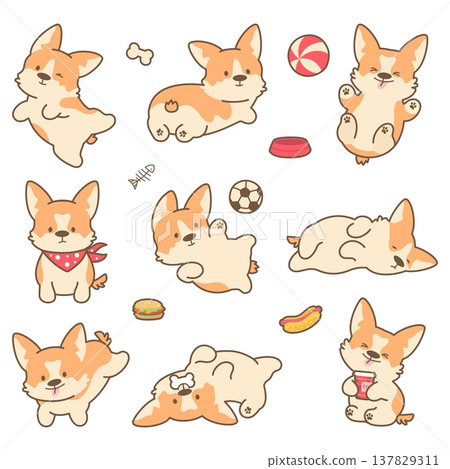 Kawaii puppy. Funny corgi puppies different poses. Cute dog play ball, sleep, eat. Pets cartoon characters, children mascots, nowaday vector clipart Kawaii puppy. Funny corgi puppies different poses. Cute dog play ball, sleep, eat. Pets cartoon characters, children mascots, nowaday vector clipart 137829311